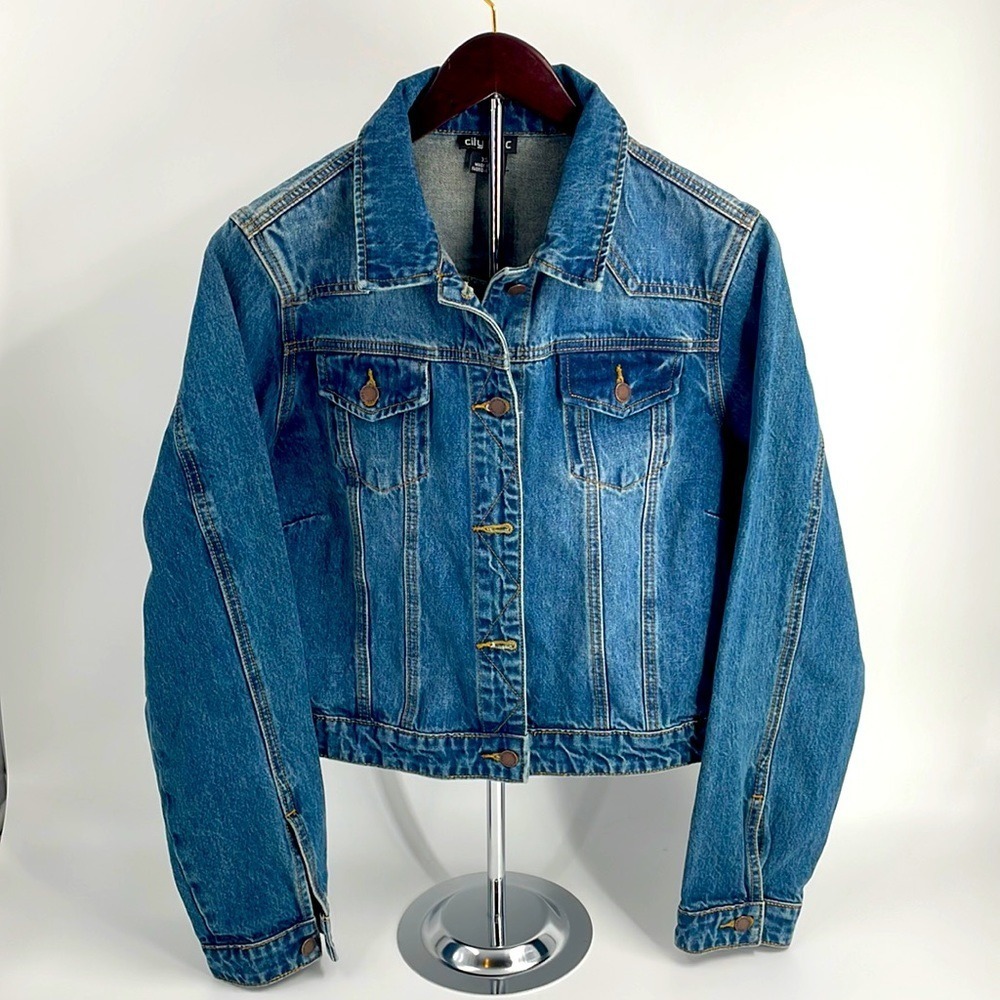City Chic Blue Denim Jacket Womens XS 14 Plus Size Cropped Button Front Classic